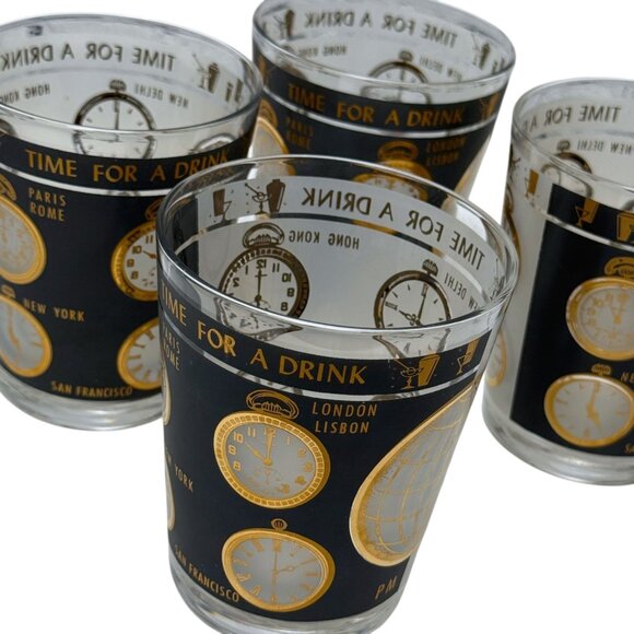 Set of 4 Mid-Century Modern "Time For A Drink" Double Old Fashioned Glasses Gold - Picture 7 of 16